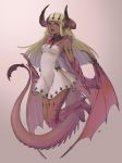  1girl :d absurdres blonde_hair blue_eyes claws dark_skin dragon_girl dragon_horns dragon_tail dragon_wings dress fantasy full_body gradient gradient_background highres horns long_hair looking_at_viewer nishi open_mouth original pointy_ears scales smile solo tail white_dress wings 