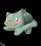  2016 3_fingers 3_toes ambiguous_gender black_background blush bulbasaur claws fingers green_body happy hi_res nintendo nude open_mouth pok&eacute;mon pok&eacute;mon_(species) red_eyes signature simple_background smile solo toes video_games zi_ran 