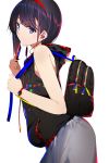  1girl ass backpack bag bangs cellphone earbuds earphones eyebrows_visible_through_hair hairband highres hooded_vest machimura_komori original phone purple_eyes purple_hair simple_background sleeveless smartphone smile solo watch white_background wristwatch 