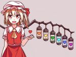  1girl :d arm_at_side artist_name ascot bare_arms blonde_hair buttons eyebrows_visible_through_hair fangs flandre_scarlet frilled_shirt frilled_shirt_collar frilled_sleeves frills grey_background hair_between_eyes hand_up hat hat_ribbon heart lirilias looking_at_viewer medium_hair mob_cap open_mouth red_eyes red_vest ribbon shirt short_sleeves side_ponytail simple_background skirt skirt_set slit_pupils smile solo touhou undertale upper_body vest white_shirt wings yellow_neckwear 