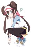  1girl ? black_legwear blue_eyes blush brown_hair commentary_request full_body ixy legwear_under_shorts long_hair looking_at_viewer mei_(pokemon) pantyhose pokemon pokemon_(game) pokemon_bw2 pokemon_masters raglan_sleeves shoes shorts simple_background solo squatting twintails visor_cap white_background yellow_shorts 