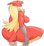  anthro avian big_butt blaziken blonde_hair blue_eyes breasts butt crouching danonymous feathers female hair happy hi_res long_hair looking_back nintendo nipples nude open_mouth open_smile pok&eacute;mon pok&eacute;mon_(species) simple_background smile solo tongue video_games white_background 