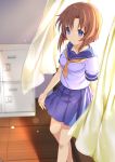  1girl banned_artist blue_eyes blue_skirt brown_hair commentary_request curtains day highres higurashi_no_naku_koro_ni ikomochi indoors light miniskirt pleated_skirt ryuuguu_rena school_uniform serafuku short_sleeves skirt solo standing window 