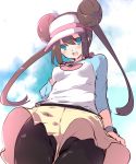  1girl absurdres arm_at_side black_legwear blue_eyes blue_sky blush bow breasts brown_hair commentary covered_nipples cowboy_shot crotch day double_bun from_below hand_on_own_chest highres legwear_under_shorts long_hair looking_at_viewer looking_down medium_breasts mei_(pokemon) open_mouth outdoors pantyhose pink_bow pokemon pokemon_(game) pokemon_bw2 raglan_sleeves shorts sketch sky smile solo tabuchi_(tabuchisanchi) twintails upshorts very_long_hair visor_cap yellow_shorts 