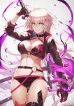  1girl absurdres ass_visible_through_thighs bangs bikini black_bikini black_gloves breasts cleavage collar collarbone cowboy_shot fate/grand_order fate_(series) floating_hair gloves grin highres holding holding_sword holding_weapon jeanne_d&#039;arc_(alter_swimsuit_berserker) jeanne_d&#039;arc_(fate)_(all) jun_wei large_breasts long_hair long_sleeves looking_at_viewer navel o-ring o-ring_bikini print_bikini_top shrug_(clothing) silver_hair smile solo standing swimsuit sword thigh_gap v-shaped_eyebrows very_long_hair weapon white_background yellow_eyes 