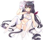  1girl absurdres animal_ear_fluff animal_ears arm_up bangs bare_shoulders black_hair blush bra breasts cat_cutout cat_ear_panties cat_ears cat_girl cat_lingerie cat_tail cleavage cleavage_cutout collarbone commentary_request eyebrows_visible_through_hair fang full_body gloves green_eyes hair_between_eyes hair_ribbon highres knees_up kyaru_(princess_connect) long_hair low_twintails lydia601304 medium_breasts meme_attire multicolored_hair navel no_shoes open_mouth panties paw_gloves paws princess_connect! princess_connect!_re:dive red_ribbon ribbon shadow sitting solo streaked_hair tail thighhighs twintails underwear very_long_hair white_background white_bra white_gloves white_hair white_legwear white_panties 