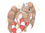  abs absurd_res accessory anthro brown_fur bulge canid canine canis clothing demon feathered_wings feathers fur hair hi_res lifeguard male mammal marchosias muscular muscular_male pecs red_eyes solo swimwear tokyo_afterschool_summoners vhubnh3 video_games white_hair wings wolf 
