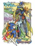 2boys armor blue_armor boots bykillt cape company_connection crossover dragon dragon_quest dragon_quest_i final_fantasy final_fantasy_i helmet hero_(dq1) horned_helmet looking_at_another multiple_boys shield smile standing sword warrior_of_light weapon 