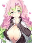  1girl blush breasts cleavage drill_hair gradient_hair green_hair hair_between_eyes hand_to_own_mouth haori heart highres igakusei japanese_clothes kanroji_matsuri kimetsu_no_yaiba large_breasts long_hair long_sleeves looking_at_viewer mole mole_under_eye multicolored_hair open_clothes open_shirt partially_unbuttoned pink_hair simple_background solo twin_drills two-tone_hair upper_body white_background 