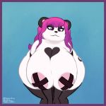  1:1 2019 absurd_res areola big_breasts blue_background border breasts female front_view giant_panda hair hi_res long_hair mammal pasties purple_eyes purple_hair shakotanbunny signature simple_background solo thick_thighs ursid wide_hips 