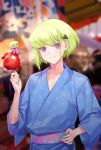  1boy candy_apple chibi closed_mouth demmy festival food green_hair hair_ornament hairclip hand_on_hip japanese_clothes kimono lio_fotia male_focus promare purple_eyes short_hair smile solo yukata 