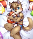  anthro ball bed blue_eyes blush bulge canid canine canis clothing cub fur hi_res lying male mammal on_back pawpads pillow plushie solo underwear unrealplace wolf young 