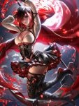  1girl arms_up black_hair boots breasts cape cleavage cleavage_cutout corset crescent_rose frilled_skirt frills highres liang_xing lips looking_at_viewer medium_breasts motion_blur multicolored_hair red_cape ruby_rose rwby scythe short_hair signature silver_eyes skirt solo thigh_boots thighhighs thighhighs_under_boots two-tone_hair watermark web_address 