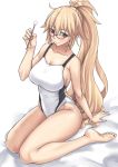  1girl barefoot blonde_hair blue_eyes breasts cleavage collarbone commentary_request competition_swimsuit fate/grand_order fate_(series) glasses highleg highleg_swimsuit jeanne_d&#039;arc_(fate)_(all) jeanne_d&#039;arc_(swimsuit_archer) kinntarou long_hair looking_at_viewer mimikaki one-piece_swimsuit ponytail simple_background sitting solo swimsuit wariza white_background white_swimsuit 