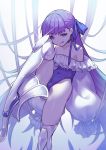  1girl bare_shoulders blue_eyes blurry breasts choker cleavage closed_mouth commentary covered_navel depth_of_field fate/grand_order fate_(series) feet_out_of_frame highres licking_lips long_hair long_sleeves looking_at_viewer meltryllis meltryllis_(swimsuit_lancer)_(fate) purple_hair simple_background sleeves_past_fingers sleeves_past_wrists small_breasts smile solo swimsuit tewo_(tewowet) thighs tongue tongue_out very_long_hair white_background 