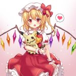  1girl arm_at_side arm_up blonde_hair blush commentary_request cravat crossover crystal eyebrows_visible_through_hair fang flandre_scarlet gen_7_pokemon gradient gradient_background hair_between_eyes hat hat_ribbon heart holding holding_pokemon looking_at_viewer mayo_(miyusa) mimikyu mob_cap open_mouth petticoat pokemon pokemon_(creature) puffy_short_sleeves puffy_sleeves purple_background red_eyes red_skirt red_vest ribbon shirt short_hair short_sleeves side_ponytail skirt sparkle speech_bubble spoken_heart standing touhou vest white_headwear white_shirt wings wrist_cuffs yellow_neckwear 