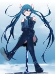  1girl blue_eyes blue_hair boots chin_rest crossed_legs detached_sleeves from_below hatsune_miku highres ikurauni long_hair looking_at_viewer necktie sitting skirt stool thigh_boots thighhighs twintails very_long_hair vocaloid 
