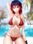  1girl ass bikini blurry blurry_background breasts collarbone cross earrings gigamessy gradient_hair green_eyes jewelry large_breasts looking_at_viewer multicolored_hair navel original piercing plaid plaid_bikini solo swimsuit 