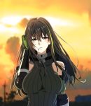  1girl absurdres armband bandana bare_shoulders bishi_(bishi) black_hair blurry blurry_background blush breasts cable cloud cloudy_sky girls_frontline gloves green_hair hand_in_hair highlights highres large_breasts long_hair looking_at_viewer m4a1_(girls_frontline) multicolored_hair parted_lips ribbed_sweater sky smile solo streaked_hair sunset sweater telephone_pole tree vambraces vest yellow_eyes 