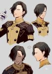  ... 1boy akke black_hair closed_eyes epaulettes fire_emblem fire_emblem:_three_houses garreg_mach_monastery_uniform gloves grey_background hair_over_one_eye hubert_von_vestra male_focus portrait teeth uniform upper_body yellow_eyes 