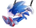  anthro arms_above_head blue_fur bound chained clothing den255 eulipotyphlan footwear fur gloves green_eyes half-closed_eyes handwear hedgehog looking_aside male mammal shoes simple_background solo sonic_(series) sonic_the_hedgehog tongue tongue_out white_background 