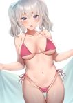  1girl :o bikini blue_eyes blush breasts check_character duplicate groin highres kantai_collection kashima_(kantai_collection) medium_breasts medium_hair navel pink_bikini short_twintails side-tie_bikini silver_hair simple_background solo standing swimsuit tagme twintails white_background 