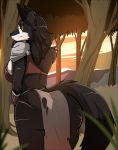  2019 anthro big_butt black_fur breasts butt canid canine canis clothed clothing female forest fur green_eyes hi_res looking_at_viewer mammal scar side_boob smile solo tree wolf zkelle 