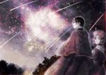  1boy 1girl bangs black_hair blunt_bangs cape earrings facial_mark facing_away fattus_hervas forehead_mark jewelry k_harris looking_at_another meteor_shower night night_sky outdoors parted_bangs pixiv_fantasia pixiv_fantasia_last_saga pointy_ears red_cape sidelocks sky standing 