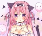  &gt;_&lt; 1girl :o ai_1003 animal_ears bangs bare_shoulders bell black_bow blush bow breasts cat_ears cat_girl cat_tail cleavage closed_eyes collarbone commentary_request eyebrows_visible_through_hair fang ghost hair_between_eyes hair_ribbon hairband hands_on_own_chest hands_up jingle_bell looking_at_viewer medium_breasts original parted_lips pink_hair red_eyes ribbon solo strapless tail tail_raised two_side_up upper_body white_hairband white_ribbon wrist_cuffs 