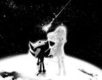  anthro black_and_white clothing den255 dress duo earth eulipotyphlan female footwear gloves hair hand_holding handwear hedgehog hi_res human long_hair male mammal maria_robotnik monochrome rear_view shadow_the_hedgehog shoes shooting_star sonic_(series) space standing 