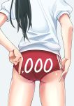  1girl ass black_hair buruma from_behind grey_background gym_uniform hand_on_own_ass hand_on_own_thigh head_out_of_frame highres index_finger_raised long_hair original ponytail red_buruma retumihari shirt short_sleeves simple_background solo thighs white_shirt 