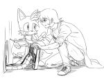  4:3 anthro black_and_white bottomwear cable canid canine clothing den255 duo footwear fox holding_object holding_tool human jacket kneeling male mammal miles_prower monochrome pants shoes smile sonic_(series) standing tools topwear 