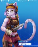  2019 absurd_res anthro catastrophe_(fortnite) clothed clothing digital_media_(artwork) epic_games felid feline female fortnite fur gatogenerico hair headphones hi_res invalid_tag jacket knife looking_at_viewer mammal pink_hair solo topwear video_games yellow_eyes 