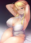  1girl ahoge armpits arms_behind_head arms_up artoria_pendragon_(all) artoria_pendragon_(lancer) bangs blonde_hair blush braid breasts cleavage cleavage_cutout covered_collarbone crossed_bangs eyebrows_visible_through_hair fate/grand_order fate_(series) green_eyes grin groin hair_between_eyes half-closed_eyes high_collar highleg highleg_swimsuit large_breasts lips looking_at_viewer one-piece_swimsuit parted_lips satou_kuuki side-tie_swimsuit sitting skindentation smile solo sweat swimsuit thighs tied_hair white_swimsuit 