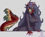  2018 accessory alternate_species anthro black_hair blush breasts clothing dragon dress female furrification green_eyes hair hair_accessory hairband hex_maniac horn long_hair nintendo open_mouth pok&eacute;mon simple_background smile solo thetransformtentacle video_games white_background 