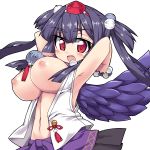  1girl :d armpits arms_behind_head black_hair blush breasts breasts_outside eyebrows_visible_through_hair hat konoha_(sennen_sensou_aigis) large_breasts long_hair looking_at_viewer navel nemui_(nemui) nipples open_clothes open_mouth open_shirt pom_pom_(clothes) red_eyes sennen_sensou_aigis simple_background smile solo tokin_hat twintails upper_body white_background wings 