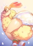 1girl ass bare_legs breast_press breasts closed_eyes commentary_request copyright_request large_breasts legs minamoto object_hug open_mouth oversized_food sleeping solo thick_thighs thighs virtual_youtuber zzz 