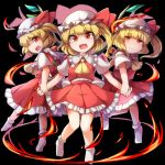  3girls ascot black_background blonde_hair blush commentary_request crystal fang fire flandre_scarlet four_of_a_kind_(touhou) full_body fun_bo hat holding_hands looking_at_viewer mob_cap multiple_girls multiple_persona no_shoes open_mouth red_eyes red_skirt red_vest ring_of_fire shirt short_hair short_sleeves side_ponytail simple_background skirt slit_pupils smile socks touhou vest white_legwear white_shirt wings yellow_neckwear 