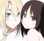  2girls bare_shoulders blonde_hair blue_eyes brown_eyes brown_hair gamma_(ogino_jun) highres kitajishi_yuri long_hair looking_at_viewer marina_lednev medium_hair multiple_girls ogino_jun open_mouth portrait smile turning_head 