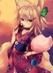  1girl animal_ears balloon blonde_hair blush bow choker collarbone cotton_candy cowboy_shot eyebrows_visible_through_hair floral_print food fox_ears fox_tail green_bow green_eyes haik hair_between_eyes hair_bow hair_ornament hairclip highres holding holding_food japanese_clothes kimono kokonoe_tsubaki looking_at_viewer multiple_tails obi original sash solo tail tongue tongue_out yukata 