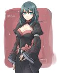  1girl blue_eyes blue_hair breasts byleth_(fire_emblem) byleth_(fire_emblem)_(female) cleavage closed_mouth fire_emblem fire_emblem:_three_houses long_sleeves medium_hair robaco simple_background smile solo twitter_username 