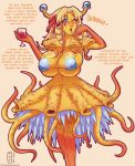  2018 beverage big_breasts blonde_hair blue_eyes blush bra breasts clothing dialogue dungeons_and_dragons female flumph freckles hair humanoid laugh looking_at_viewer nipples one_eye_closed open_mouth ribbons simple_background solo tentacles thetransformtentacle underwear what 