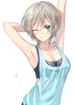  1girl ;) anastasia_(idolmaster) arm_behind_head armpits blue_eyes breasts cleavage collarbone english_text eyebrows_visible_through_hair highres idolmaster idolmaster_cinderella_girls one_eye_closed rum_raisin_(chihiromakita19) see-through short_hair silver_hair simple_background smile solo sports_bra sweat tank_top upper_body wet wet_clothes white_background 