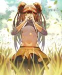  1girl areola_slip areolae black_legwear breasts cleavage covering_face double_bun frilled_shorts frills grass gyudong123 highres leaf leaves_in_wind mei_(pokemon) nipple_slip nipples no_bra pantyhose pokemon pokemon_(game) pokemon_bw2 shirt_lift shorts solo tall_grass twintails underboob undressing visor_cap yellow_shorts 