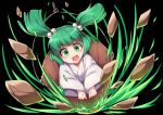  1girl black_background blush bucket commentary_request debris eyebrows_visible_through_hair fun_bo green_eyes green_hair hair_bobbles hair_ornament japanese_clothes kimono kisume open_mouth rock short_hair simple_background smile solo touhou twintails white_kimono 