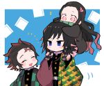  /\/\/\ 1girl 2boys amesawa_mokke bamboo belt bit_gag black_hair blue_background blue_eyes blush_stickers brown_hair carrying checkered chibi cowboy_shot earrings facial_scar gag hair_ribbon hair_slicked_back hanafuda haori japanese_clothes jewelry kamado_nezuko kamado_tanjirou kimetsu_no_yaiba long_hair long_sleeves looking_at_another multicolored_hair multiple_boys musical_note open_mouth piggyback pink_eyes red_hair ribbon sandals scar simple_background smile tomioka_giyuu two-tone_hair uniform wide_sleeves 