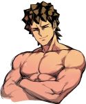  1boy brown_hair closed_eyes crossed_arms male_focus muscle pokemon pokemon_(anime) shirtless smile solo space_jin spiked_hair takeshi_(pokemon) upper_body 