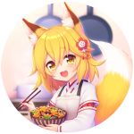  1girl :d animal_ears apron blonde_hair blurry blush bowl chopsticks depth_of_field eyebrows_visible_through_hair fang food fox_ears fox_tail frying_pan hair_between_eyes hair_ornament head_tilt holding japanese_clothes long_sleeves looking_at_viewer open_mouth round_image senko_(sewayaki_kitsune_no_senko-san) sewayaki_kitsune_no_senko-san smile solo tail uzu_hi yellow_eyes 