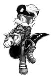  anthro black_and_white boots bottomwear clothing den255 eyewear footwear frown full-length_portrait geoffrey_st_john gloves goggles handwear jacket male mammal mephitid monochrome pants portrait simple_background skunk solo sonic_(series) standing topwear weapon white_background 