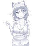  1girl animal_ears blush breasts common_raccoon_(kemono_friends) eyebrows_visible_through_hair highres kemono_friends kinou_no_shika large_breasts long_sleeves looking_at_viewer monochrome multicolored_hair name_tag parted_lips pointing raccoon_ears short_hair skirt smile solo 